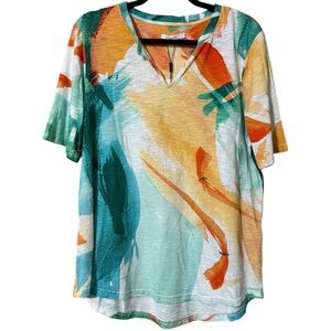 Chico's size 2 Short Sleeve V-Neck Tee in Teal, Orange, Yellow & White